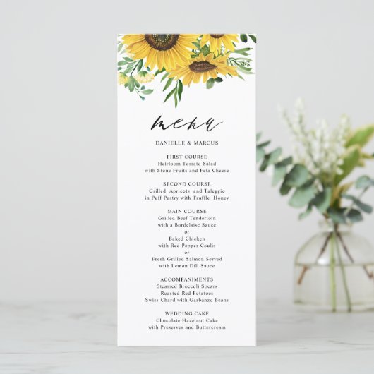 Waterverf Zonnebloemen en Eucalyptus Wedding Menu (Staand voorkant)