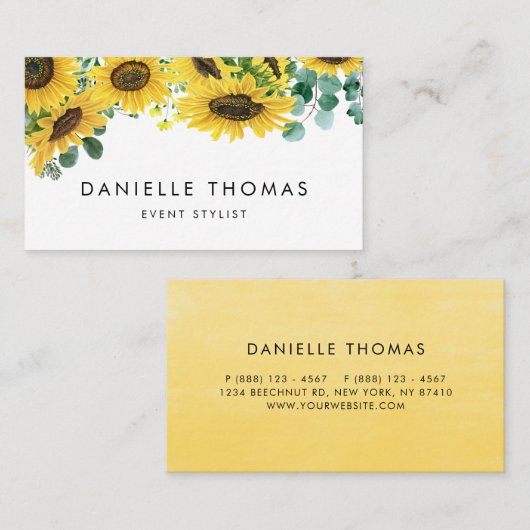 Waterverf Zonnebloemen en Eucalyptusbladeren Visitekaartje (Voorkant / Achterkant)