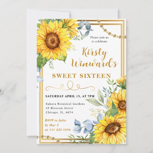 Waterverf Zonnebloemen en Goud Lijst Sweet 16 Kaart (Voorkant)