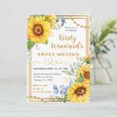 Waterverf Zonnebloemen en Goud Lijst Sweet 16 Kaart (Staand voorkant)