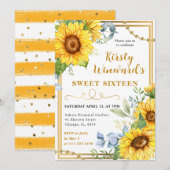 Waterverf Zonnebloemen en Goud Lijst Sweet 16 Kaart (Voorkant / Achterkant)