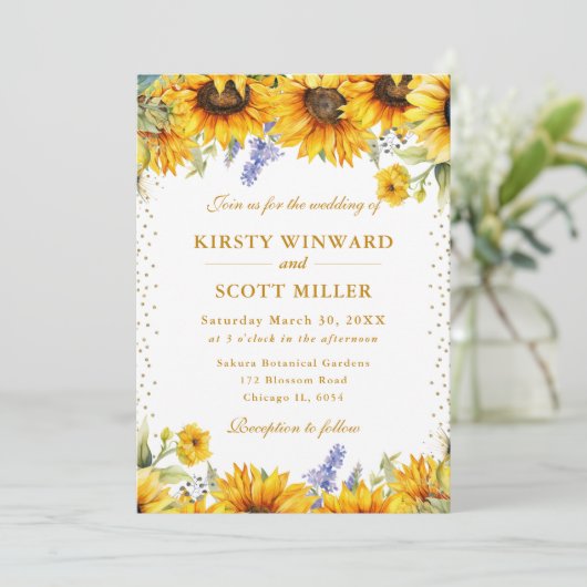 Waterverf zonnebloemen en gouden glitter bruiloft kaart (Staand voorkant)