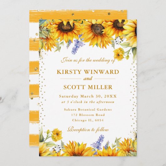 Waterverf zonnebloemen en gouden glitter bruiloft kaart (Voorkant / Achterkant)