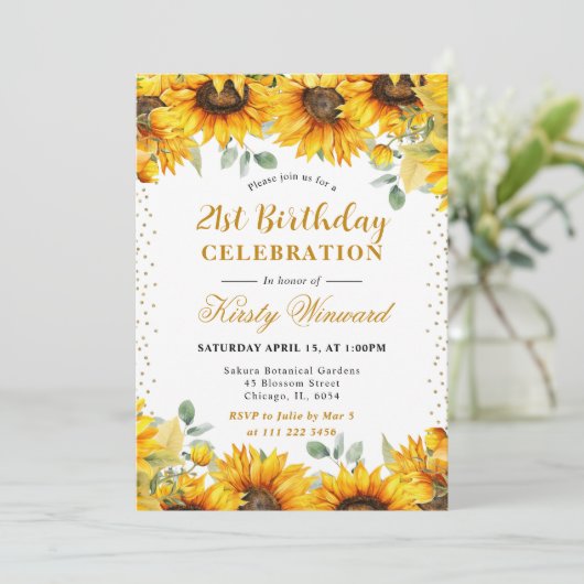 Waterverf zonnebloemen en gouden glitter verjaarda kaart (Staand voorkant)