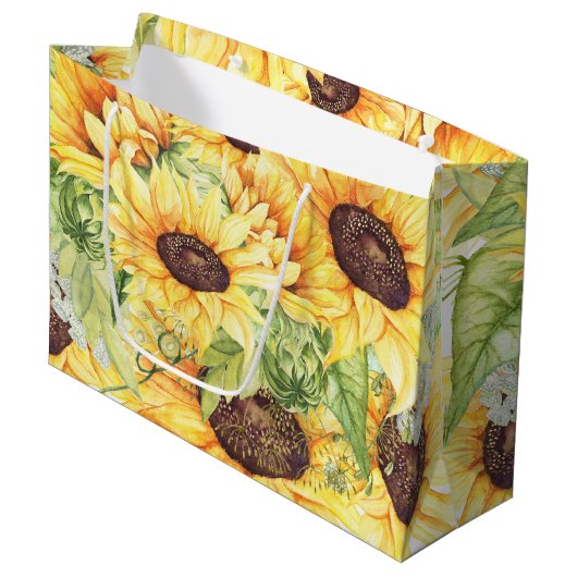 Waterverf Zonnebloemen en Greenery LARGE Gift Bags Large Cadeautasje (Voorkant Gekanteld)