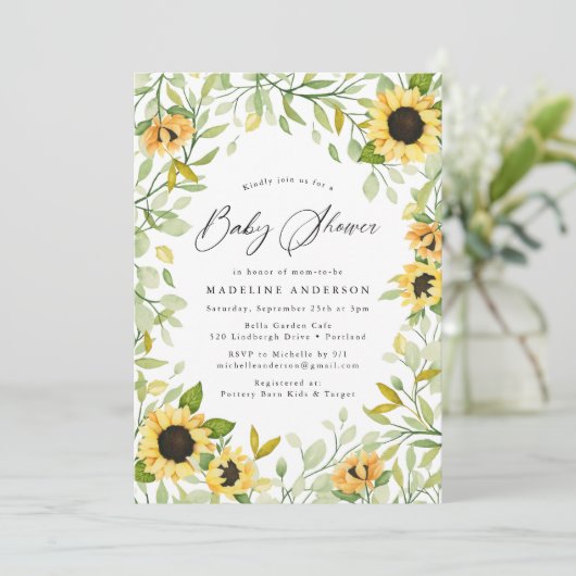 Waterverf Zonnebloemen en groen Baby shower Kaart (Staand voorkant)