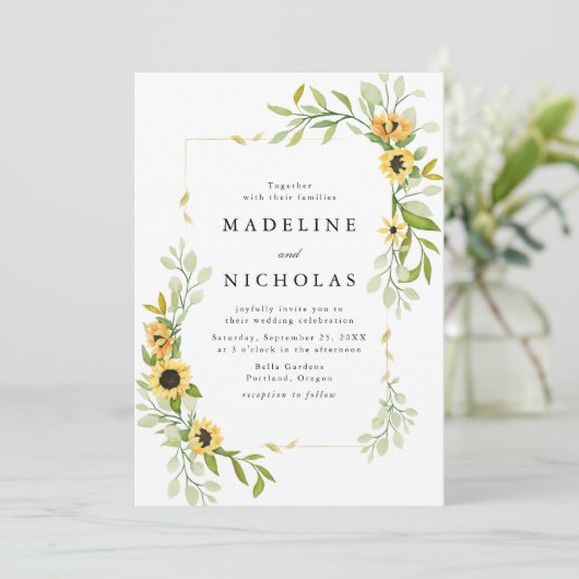 Waterverf Zonnebloemen en groen huwelijk Kaart (Staand voorkant)
