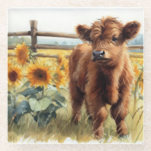 Waterverf Zonnebloemen en Hoogland Kalf Glazen Onderzetter