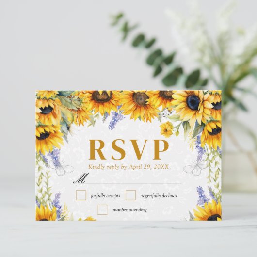 Waterverf Zonnebloemen en Lupins bruiloft RSVP Kaartje (Staand voorkant)