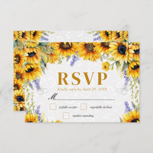 Waterverf Zonnebloemen en Lupins bruiloft RSVP Kaartje (Voorkant / Achterkant)