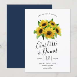 waterverf zonnebloemen en marineblauwe bruiloft kaart