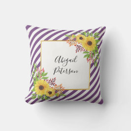 Waterverf zonnebloemen en paars gestreepte patroon kussen