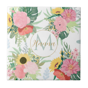 Waterverf Zonnebloemen en Papavers Botanisch Tegeltje