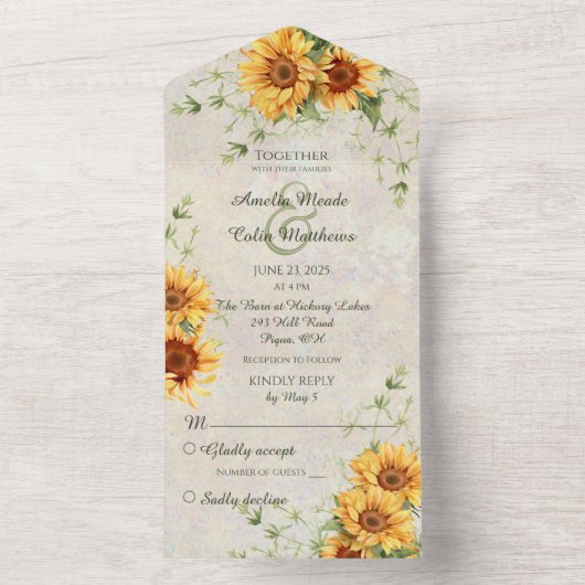 Waterverf Zonnebloemen en wijnstokken All In One Uitnodiging (Binnen)