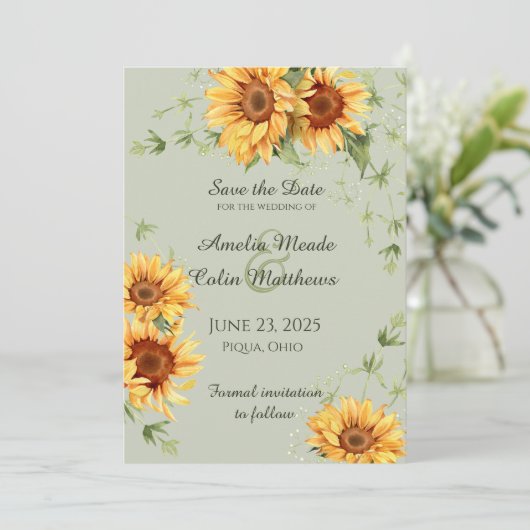 Waterverf Zonnebloemen en wijnstokken op Sage Gree Save The Date (Staand voorkant)