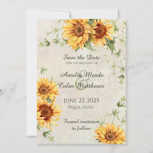 Waterverf Zonnebloemen en wijnstokken Save The Date (Voorkant)