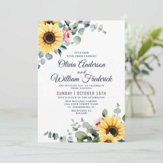 Waterverf zonnebloemen Eucalyptus Bloom Weddenscha Kaart (Staand voorkant)