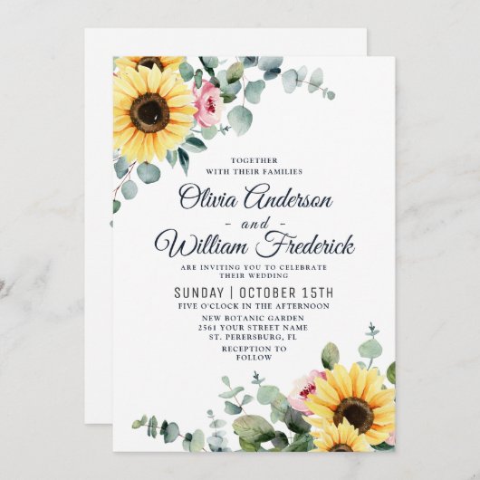 Waterverf zonnebloemen Eucalyptus Bloom Weddenscha Kaart (Voorkant / Achterkant)