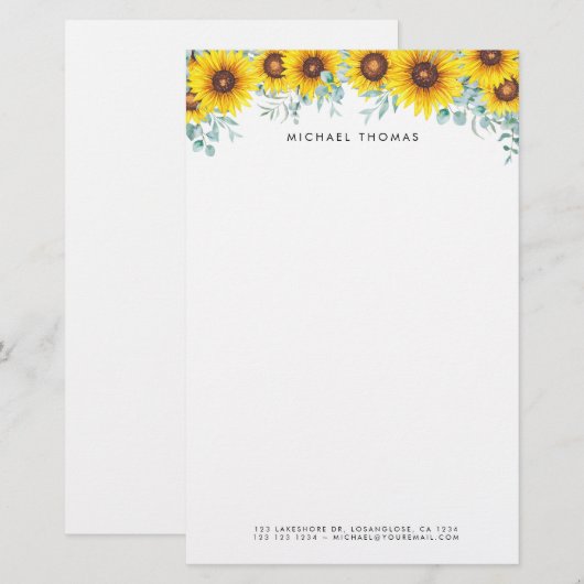 Waterverf Zonnebloemen & Eucalyptus gepersonalisee Briefpapier (Voorkant / Achterkant)