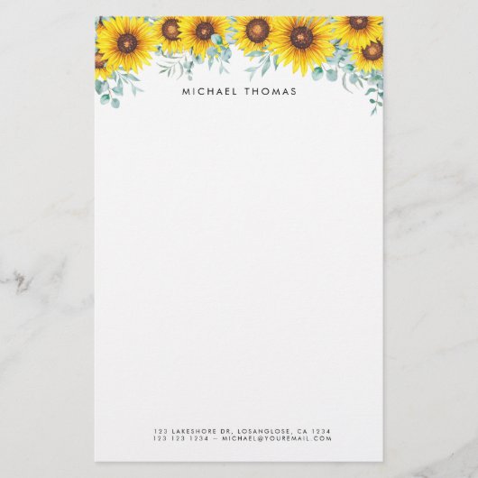 Waterverf Zonnebloemen & Eucalyptus gepersonalisee Briefpapier (Voorkant)