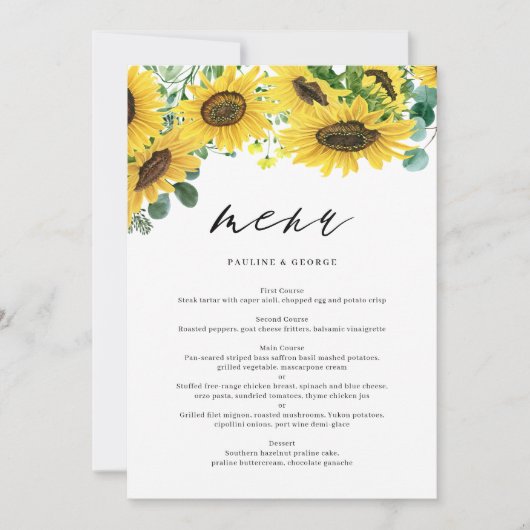 Waterverf Zonnebloemen Eucalyptus Menu Kaart (Voorkant)