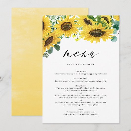 Waterverf Zonnebloemen Eucalyptus Menu Kaart (Voorkant / Achterkant)