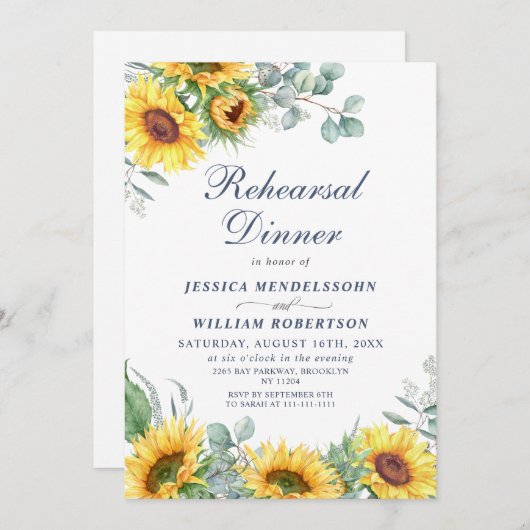 Waterverf zonnebloemen Eucalyptus REHEARSAL DInner Kaart (Voorkant / Achterkant)