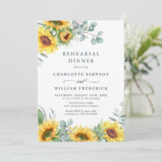 Waterverf Zonnebloemen Eucalyptusrepetitie Dinner Kaart (Staand voorkant)