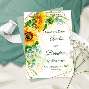Waterverf Zonnebloemen Faux Gold Foil Lijst Wedden Save The Date