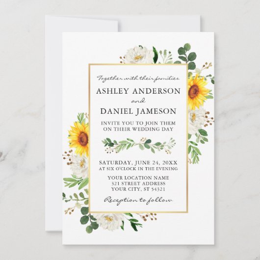 Waterverf Zonnebloemen Foto Witte Bloemen Huwelijk Kaart (Voorkant)