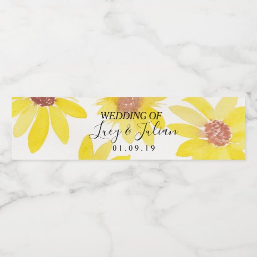 Waterverf Zonnebloemen Gedekte Florale bruiloft Waterfles Etiket (Enkel label)