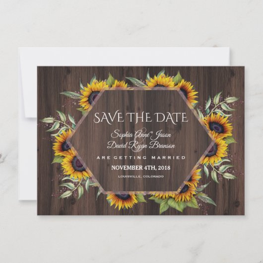 Waterverf Zonnebloemen Geometrische Wood Weddensch Save The Date (Voorkant)
