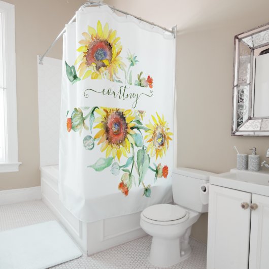 Waterverf zonnebloemen gepersonaliseerd douchegordijn (In situ)