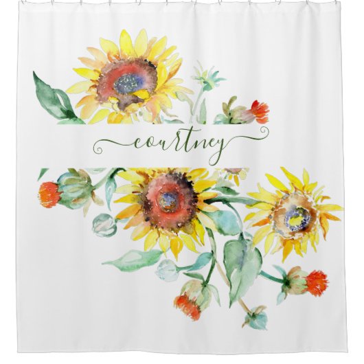 Waterverf zonnebloemen gepersonaliseerd douchegordijn (Voorkant)