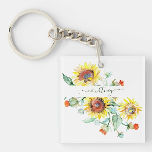 Waterverf zonnebloemen gepersonaliseerd sleutelhanger (voorkant)
