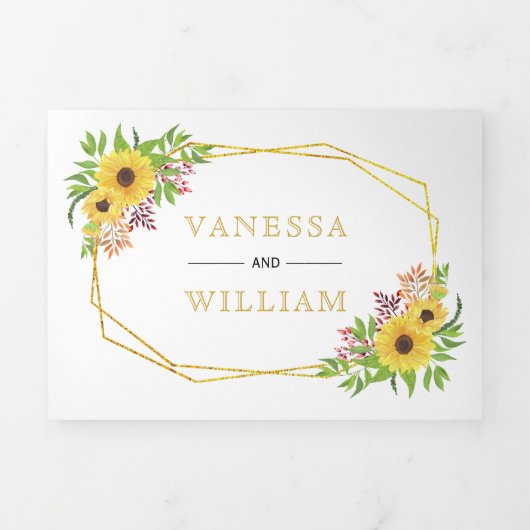 Waterverf zonnebloemen gouden geometrische bruilof drieluik uitnodiging (Cover)