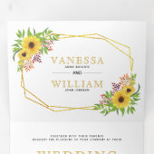 Waterverf zonnebloemen gouden geometrische bruilof drieluik uitnodiging (Binnenzijde eerst)