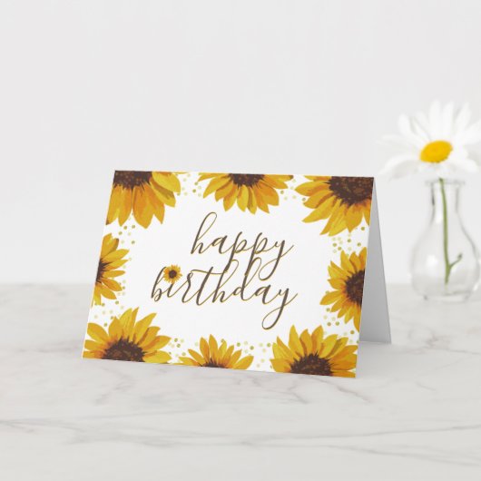 Waterverf Zonnebloemen & Gouden Stippen Happy Birt Kaart (Kleine Plant)