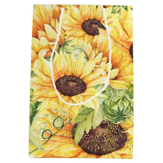 Waterverf Zonnebloemen Greenery Medium Gift Bags Medium Cadeauzakje (Achterkant)