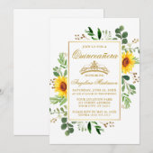 Waterverf Zonnebloemen Greenery Quinceanera Gold Kaart (Voorkant / Achterkant)