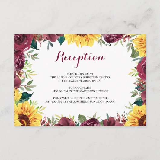 Waterverf zonnebloemen grens bruiloft receptie informatiekaartje (Voorkant)