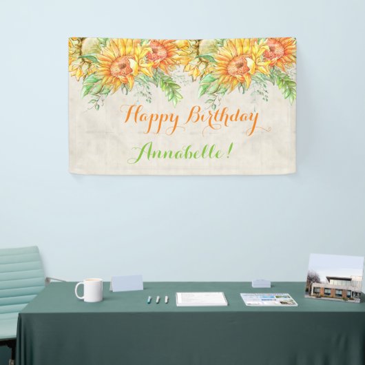 Waterverf Zonnebloemen Helder Sinaasappel Geel Gro Spandoek (Beurs)