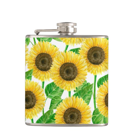 Waterverf zonnebloemen heupfles (Voorkant)