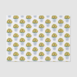 Waterverf zonnebloemen in blauw en wit china vaas tissuepapier