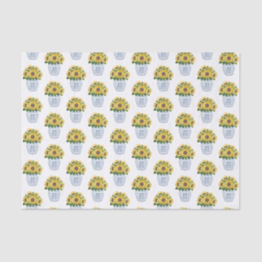 Waterverf zonnebloemen in blauw en wit china vaas tissuepapier (Voorkant)