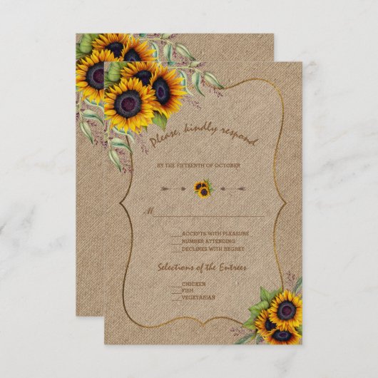 Waterverf Zonnebloemen Jute Huwelijksreactie RSVP Kaartje (Voorkant / Achterkant)