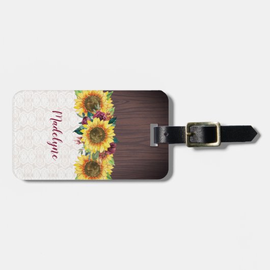 Waterverf Zonnebloemen Kant Hout Rustieke Naam Bagagelabel (Voorkant horizontaal)