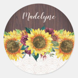 Waterverf Zonnebloemen Kant Hout Rustieke Naam Ronde Sticker
