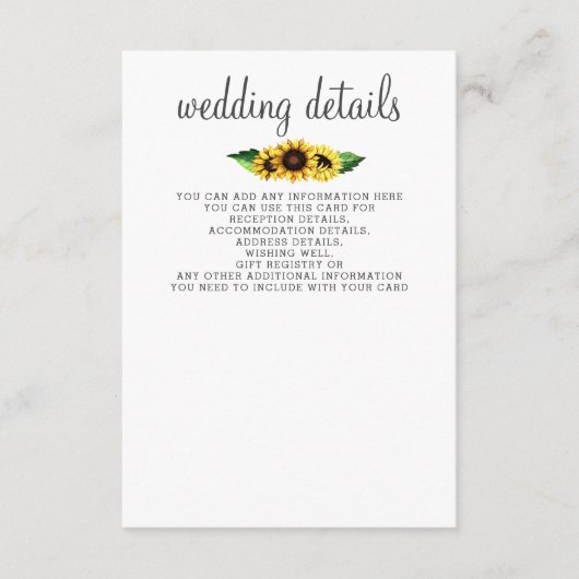 Waterverf Zonnebloemen Land Rustic Wedding Informatiekaartje (Voorkant)