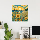 Waterverf Zonnebloemen Landschap in Van Gogh Stijl Poster (Thuiskantoor)